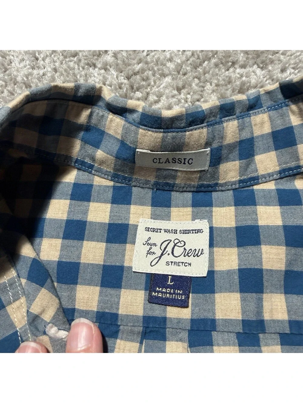 J Crew Secret Wash Shirt Mens Large Blue Beige Check Long Sleeve Button Down